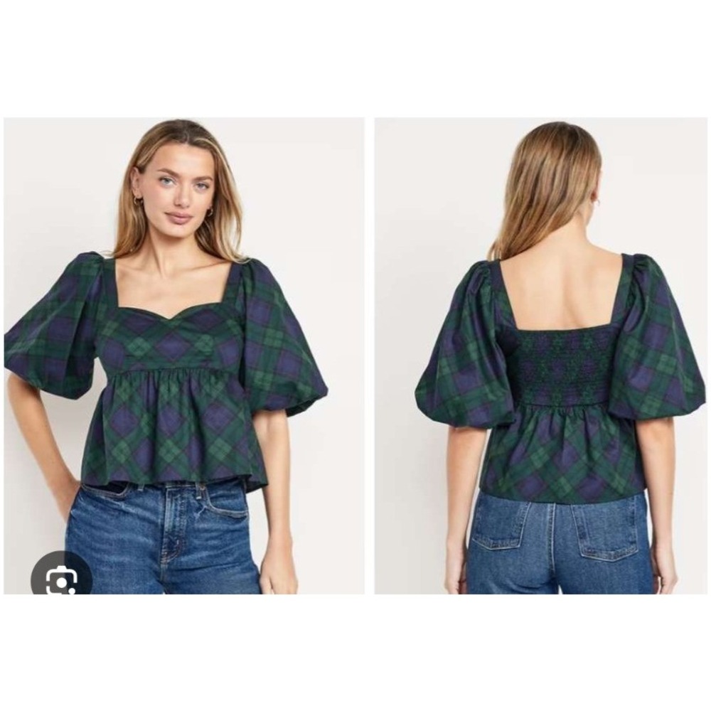 Old Navy Puff Sleeve Poplin Peplum Top Smocked Holiday Plaid Blue Green S NWT